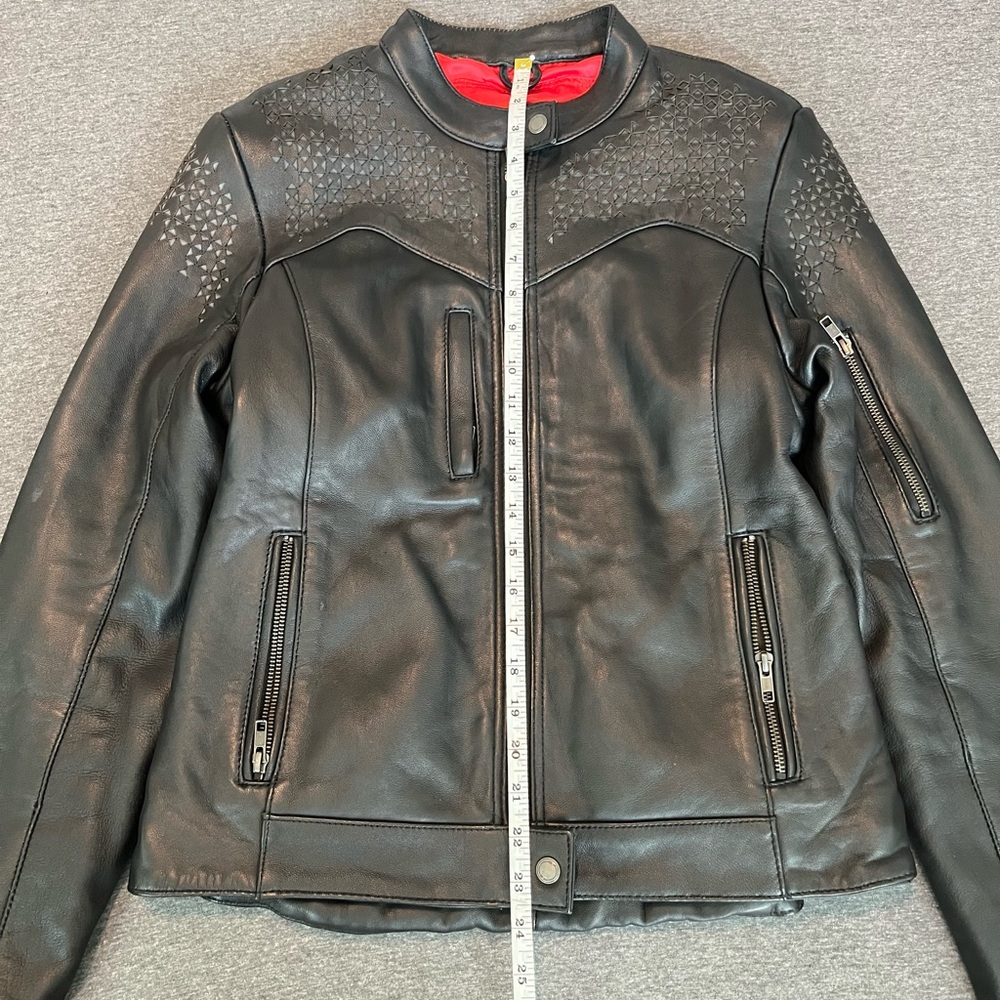 Black arrow leather motorcycle jacket with inserts